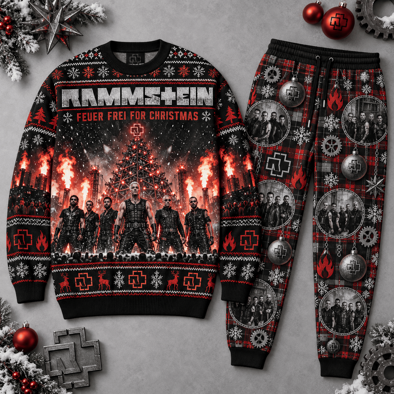 Rammstein Feuer Frei For Christmas Concert Black Sweater and Jogger Pants Set NDN Flat Set Mockup
