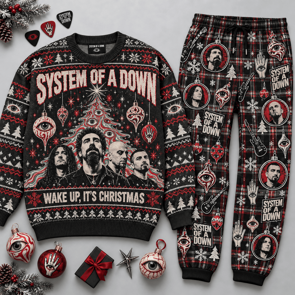 System Of A Down Wake Up Its Christmas Portrait Black Sweater and Jogger Pants Set NDN Flat Set Mockup