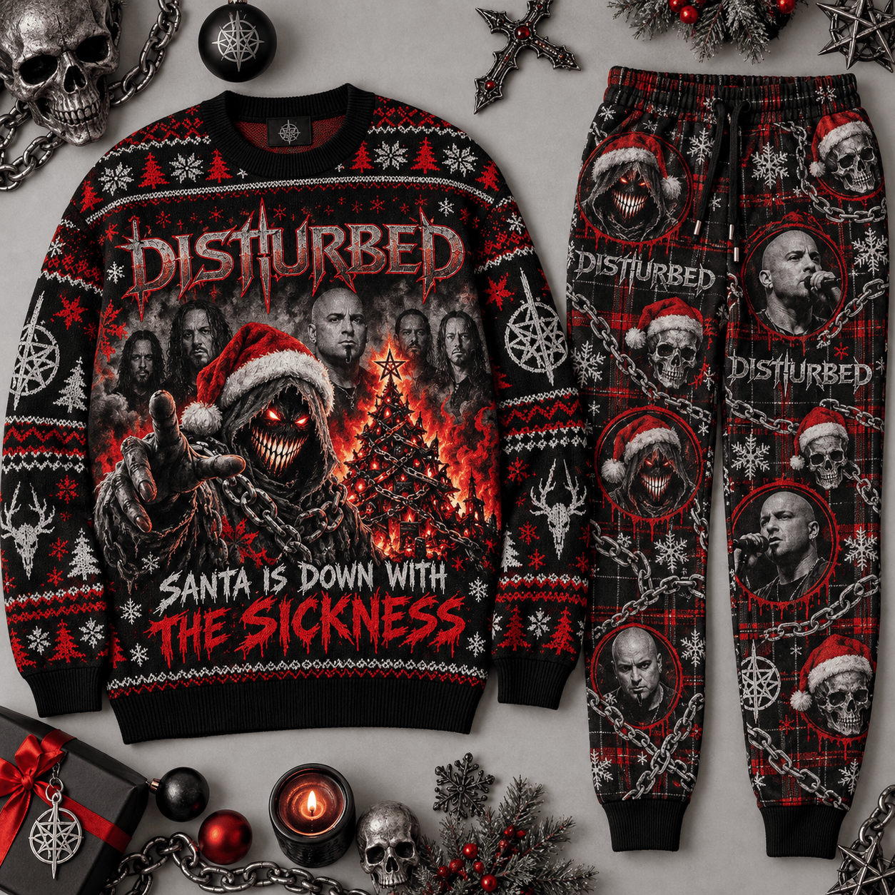 Disturbed Santa's Down With The Sickness Christmas Sweater and Jogger Pants Set NDN Flat Set Mockup