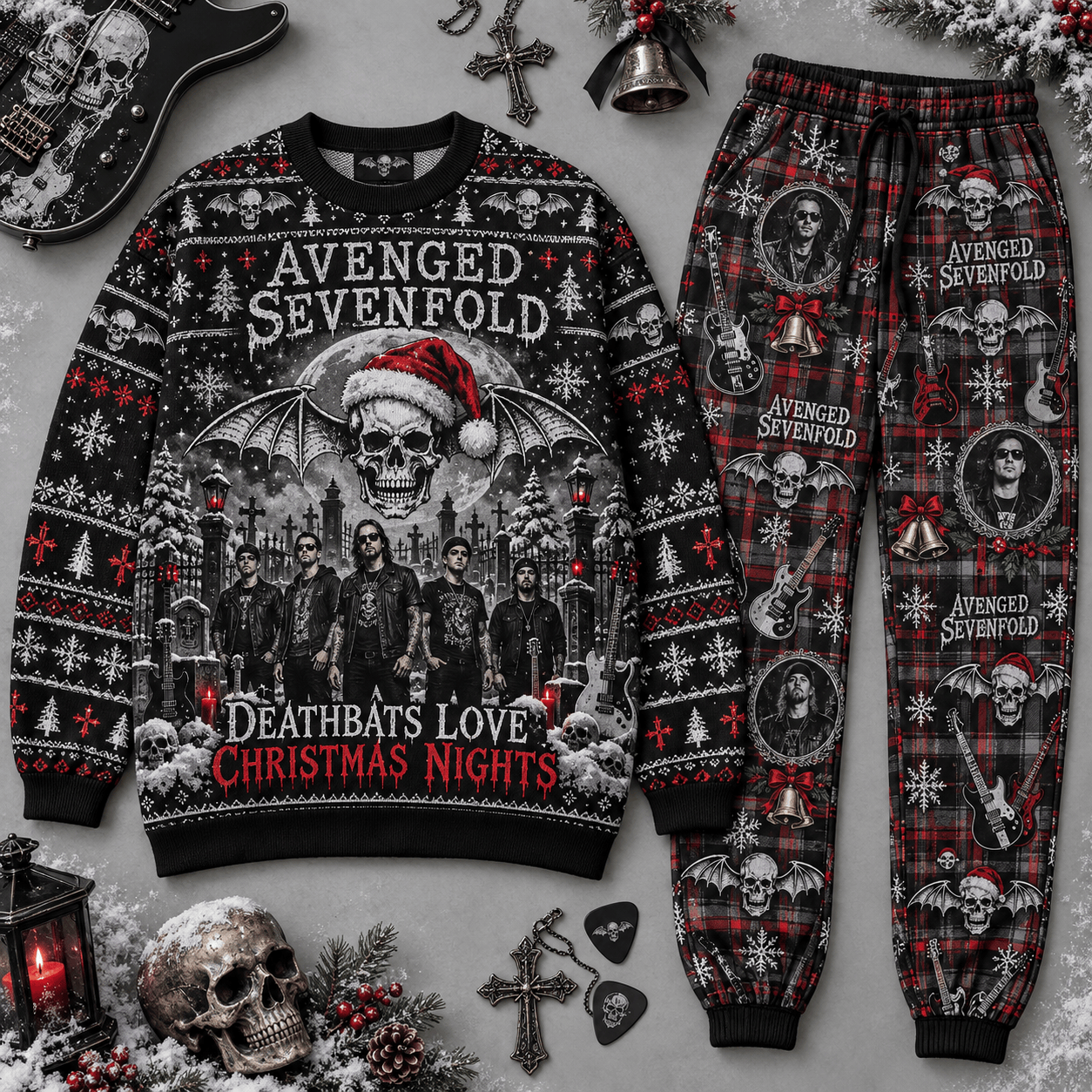Avenged Sevenfold Deathbats Love Christmas Night Sweater and Jogger Pants Set NDN Flat Set Mockup