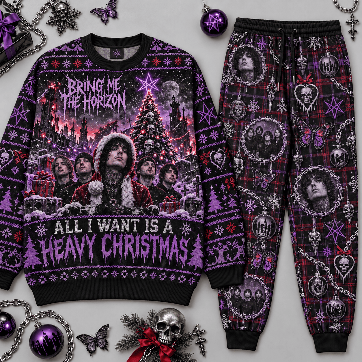 Bring Me The Horizon All I Want Is A Heavy Christmas Sweater and Jogger Pants Set NDN Flat Set Mockup