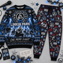 Linkin Park One More Light Christmas Holiday Graphic Sweater and Jogger Pants Set NDN Flat Set Mockup