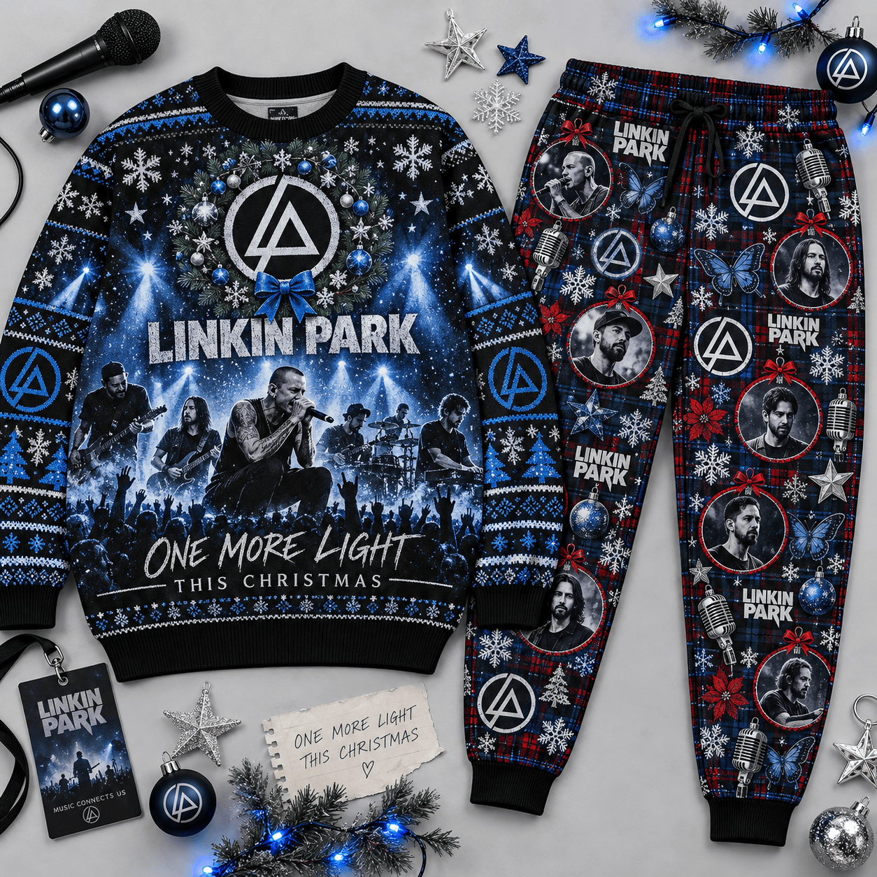 Linkin Park One More Light Christmas Holiday Graphic Sweater and Jogger Pants Set NDN Flat Set Mockup