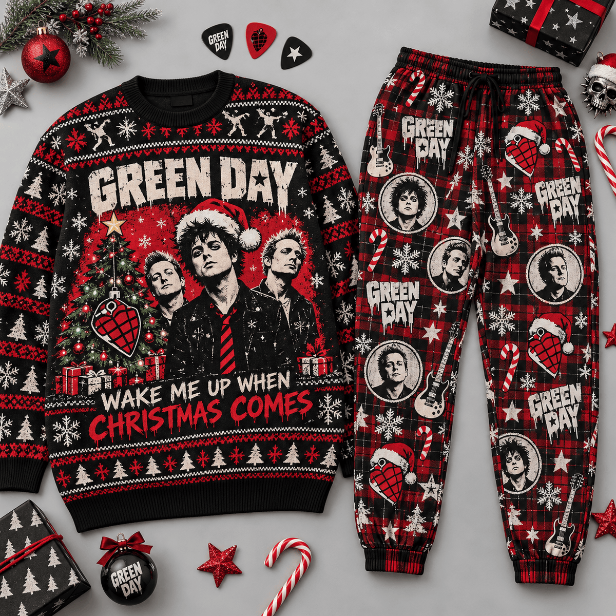 Green Day Wake Me Up When Christmas Comes Holiday Sweater and Jogger Pants Set NDN Flat Set Mockup