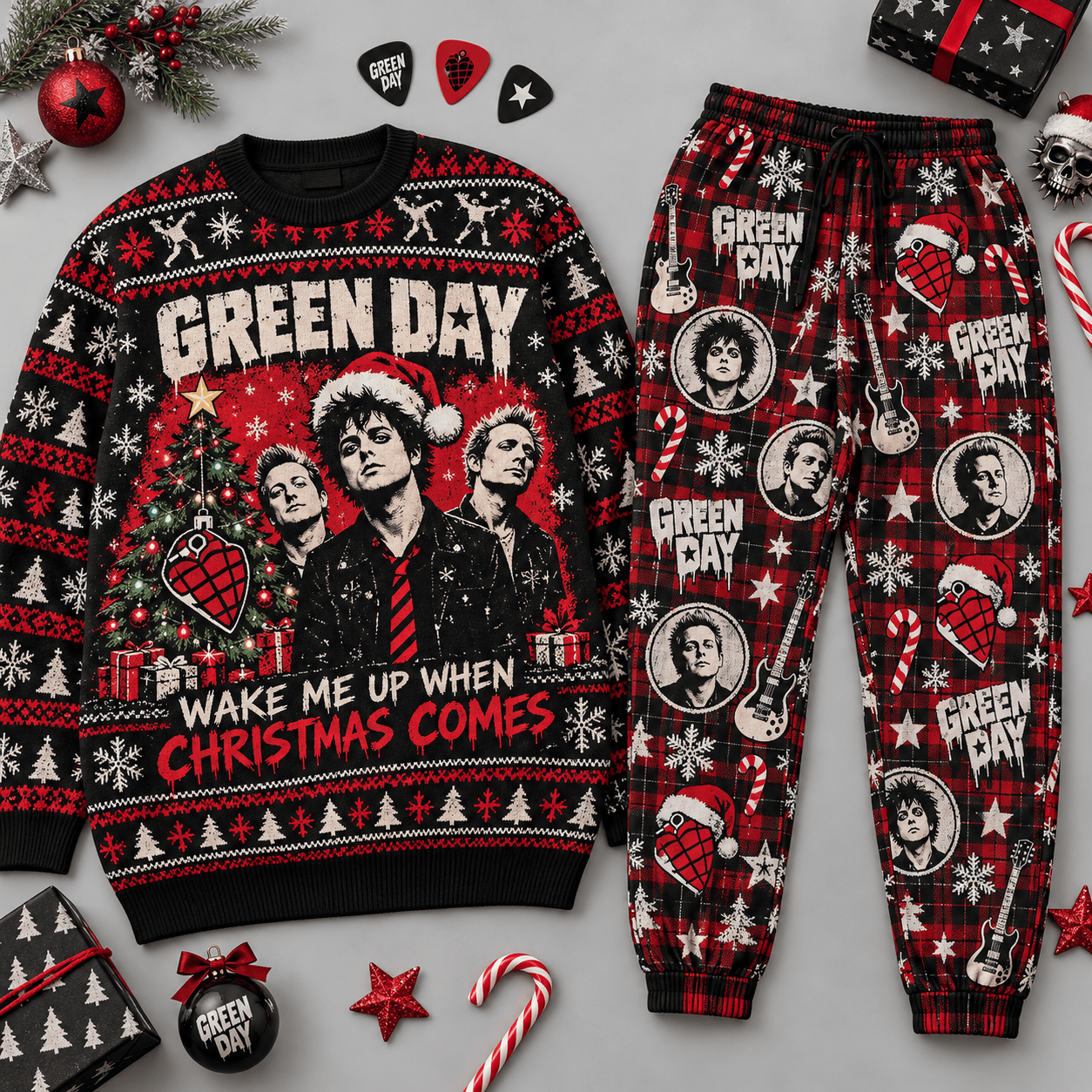 Green Day Wake Me Up When Christmas Comes Holiday Sweater and Jogger Pants Set NDN Flat Set Mockup