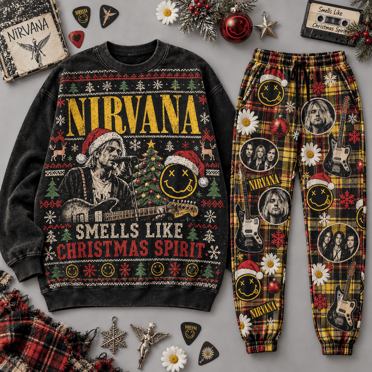 Nirvana Smells Like Christmas Spirit Holiday Graphic Sweater and Jogger Pants Set NDN Flat Set Mockup