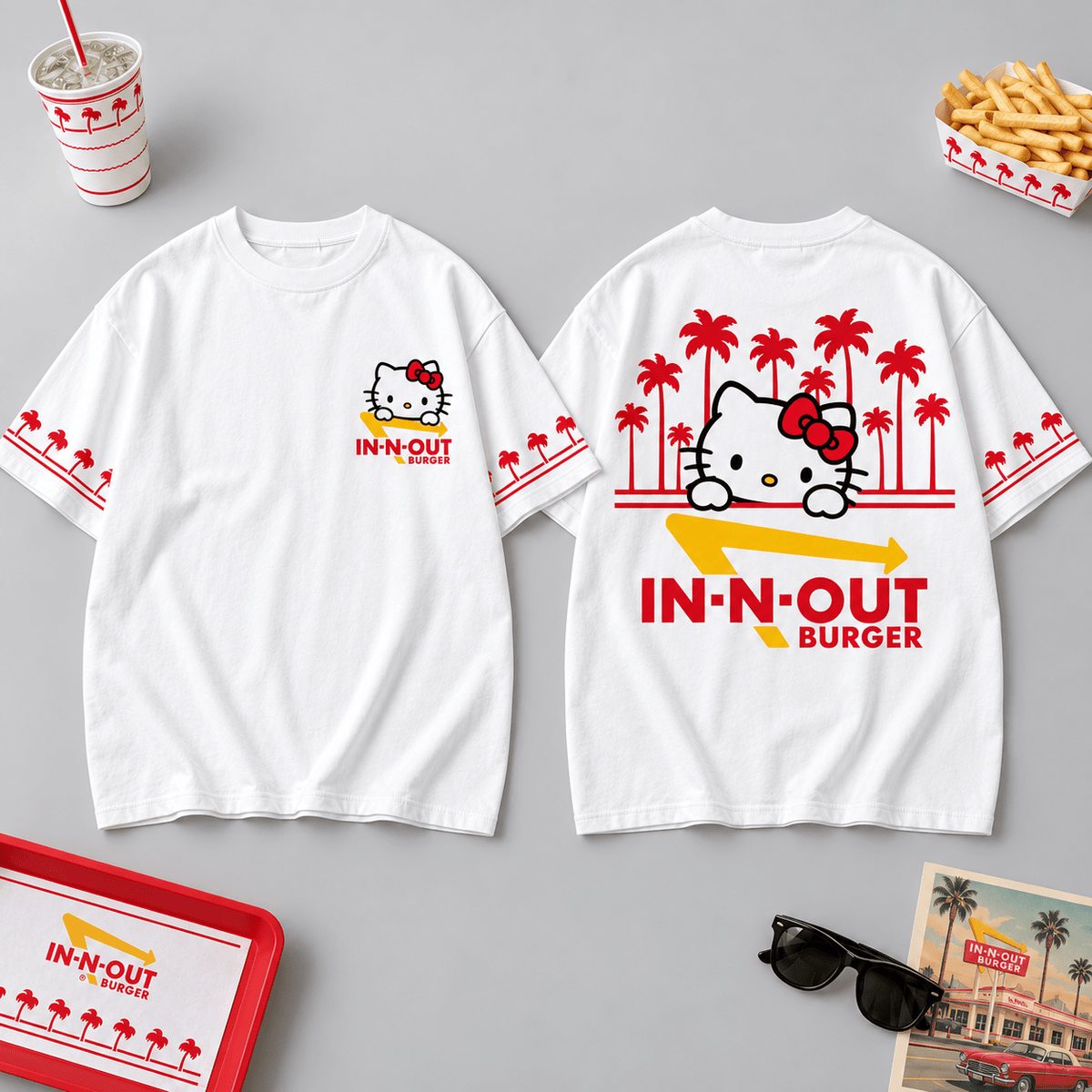 Hello Kitty IN-N-OUT Burger Palm Tree White Graphic 3D Shirt for Fans NDN Flat Shirt Mockup