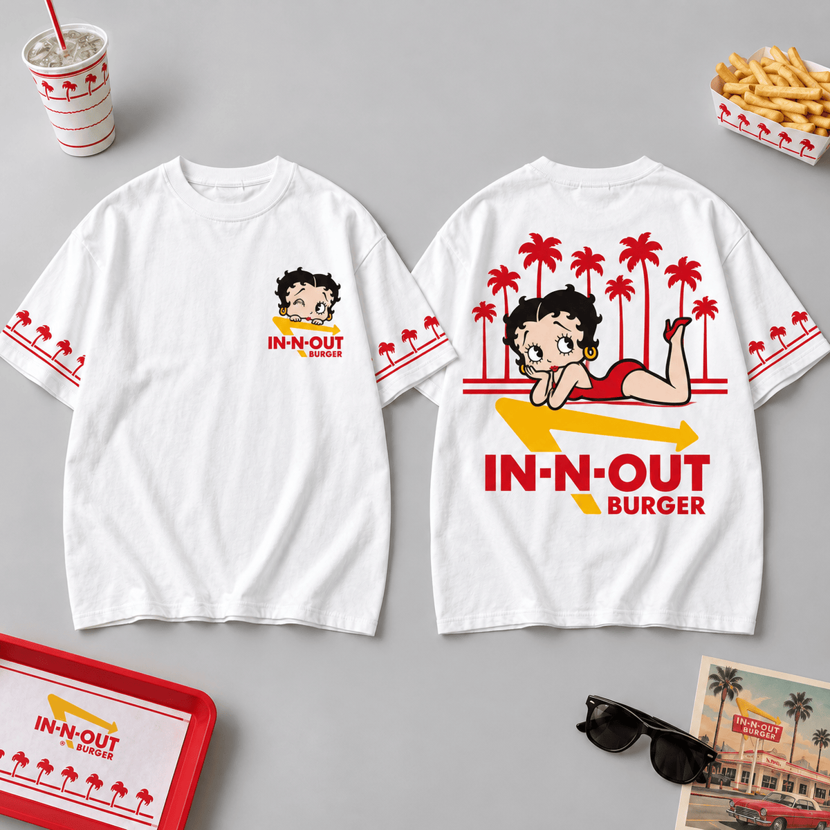Betty Boop IN-N-OUT Burger Retro Palm Tree White Graphic 3D Shirt for Fans NDN Flat Shirt Mockup