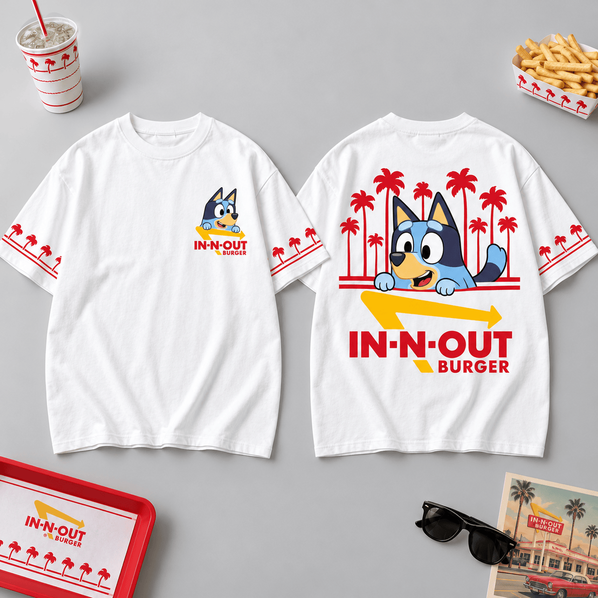 Bluey IN-N-OUT Burger Palm Tree White Graphic 3D Shirt for Cartoon Fans NDN Flat Shirt Mockup
