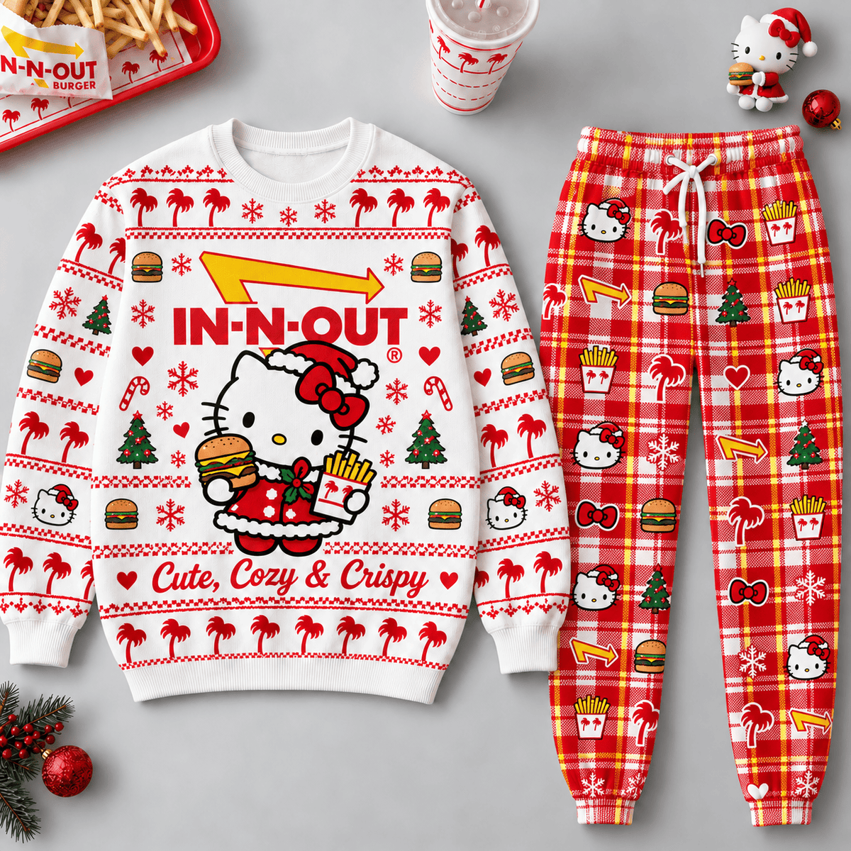 Hello Kitty Cute Cozy and Crispy IN-N-OUT Christmas Sweater and Jogger Pants Set NDN Flat Set Mockup