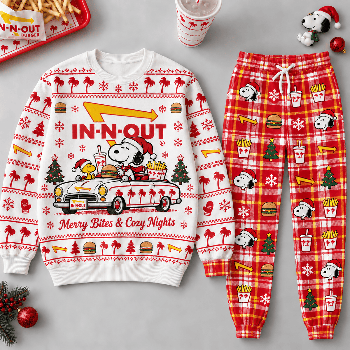 Snoopy Woodstock Merry Bites and Cozy Nights IN-N-OUT Sweater and Jogger Pants Set NDN Flat Set Mockup