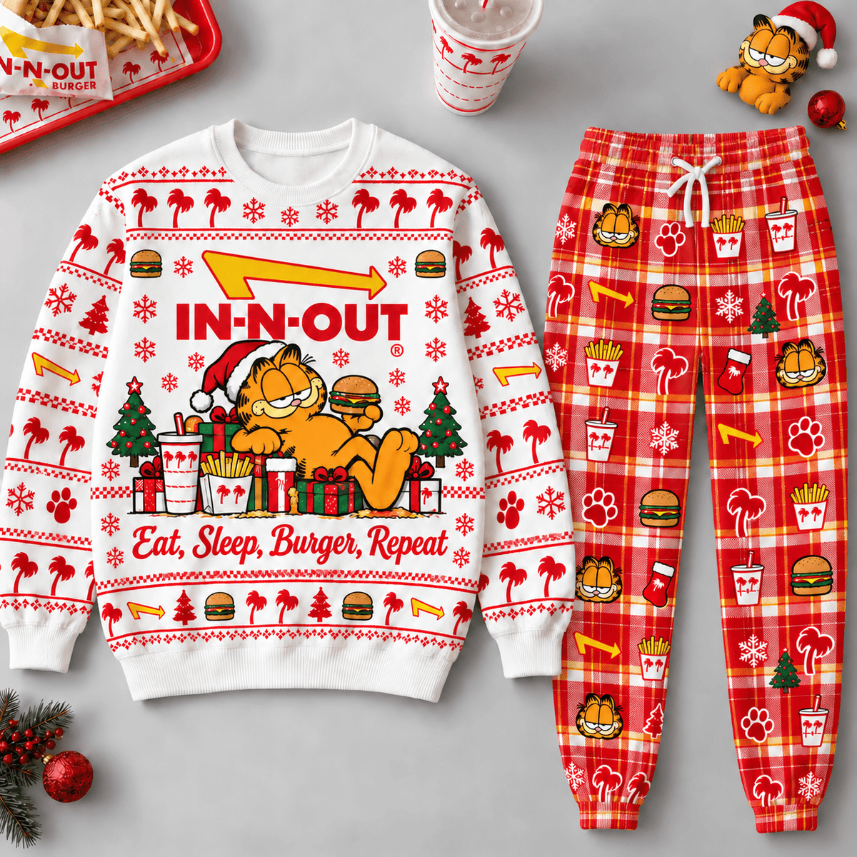 Garfield Santa Good Food Good Mood IN-N-OUT Sweater and Jogger Pants Set NDN Flat Set Mockup