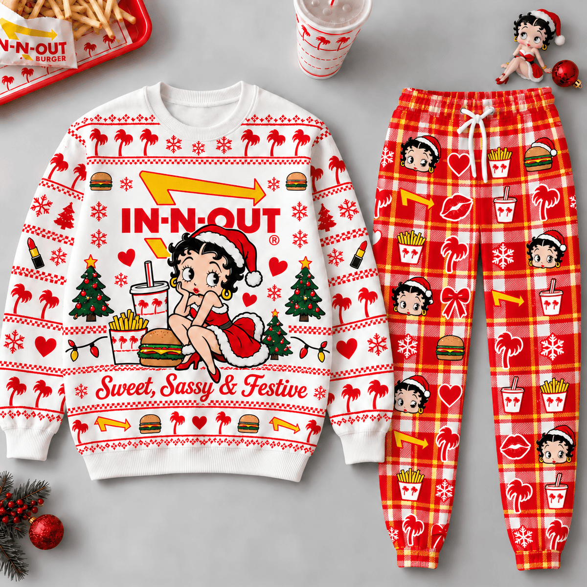Betty Boop Sweet Sassy and Festive IN-N-OUT Christmas Sweater and Jogger Pants Set NDN Flat Set Mockup
