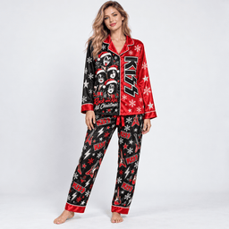 KISS Rock Band Long Sleeve Pajamas Set with Red Holiday Stars and Skulls NDN Worn Pajamas Mockup