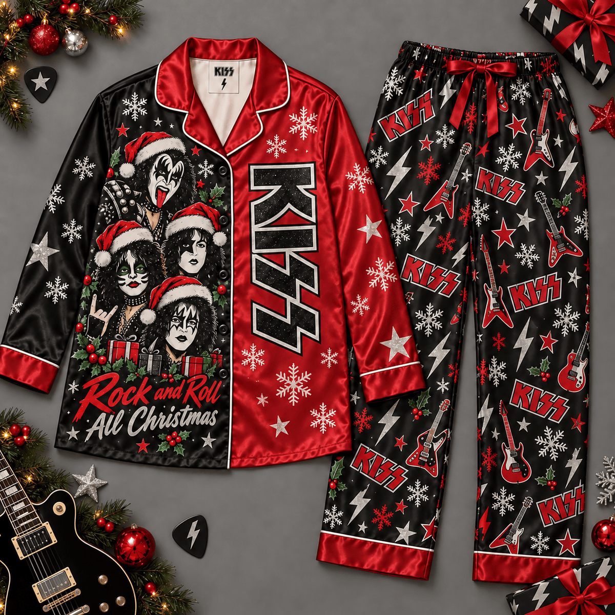 KISS Rock Band Long Sleeve Pajamas Set with Red Holiday Stars and Skulls NDN Flat Pajamas Mockup