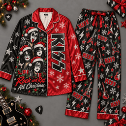 KISS Rock Band Long Sleeve Pajamas Set with Red Holiday Stars and Skulls NDN Flat Pajamas Mockup