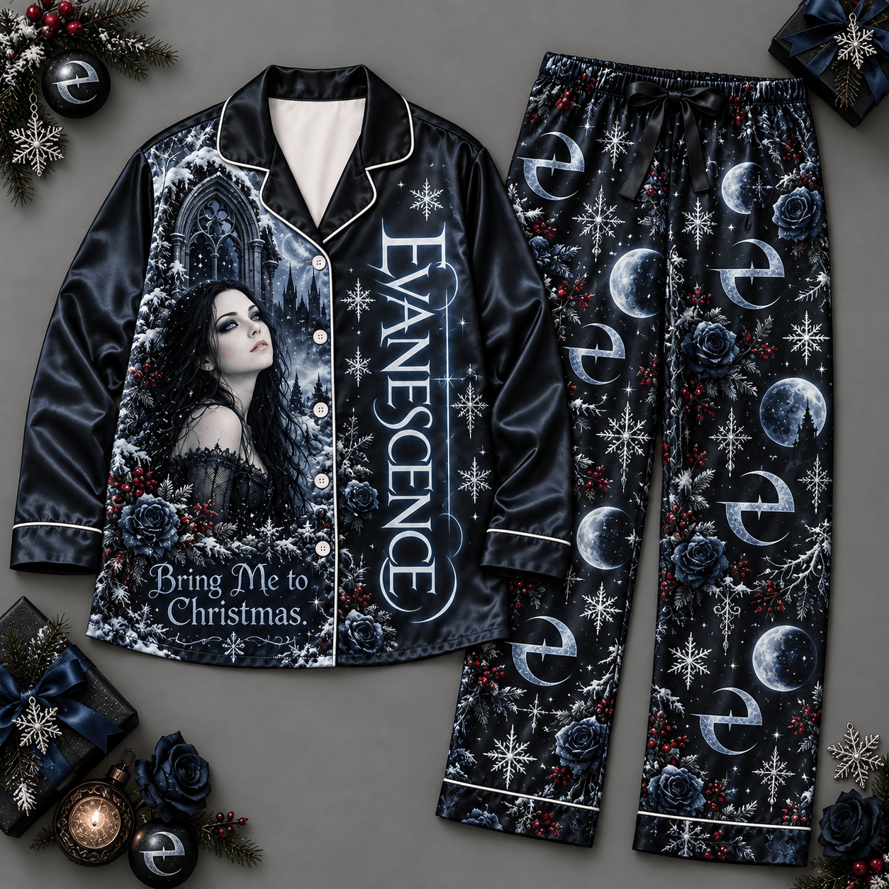 Evanescence Long Sleeve Pajamas Set with Amy Lee Portrait and Snowflake Graphics NDN Flat Pajamas Mockup