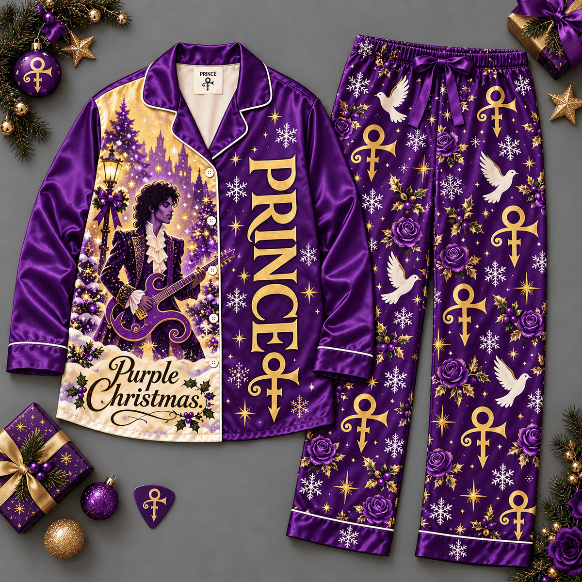 Prince Long Sleeve Pajamas Set with Purple Holiday Graphics and Gold Love Symbols NDN Flat Pajamas Mockup