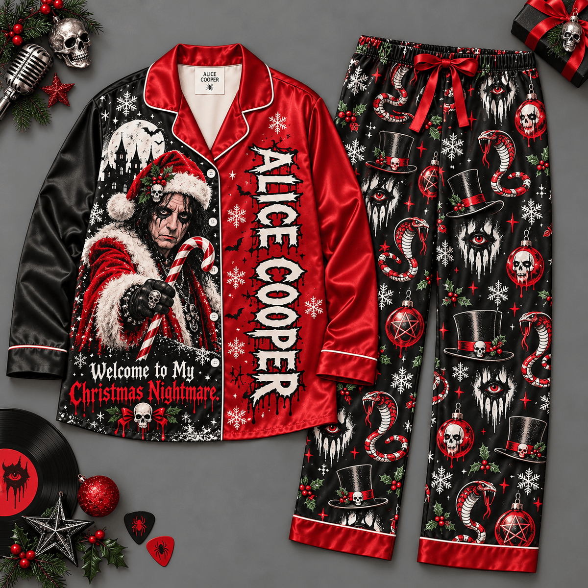 Alice Cooper Long Sleeve Pajamas Set with Candy Canes and Christmas Nightmare Graphics NDN Flat Pajamas Mockup