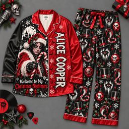Alice Cooper Long Sleeve Pajamas Set with Candy Canes and Christmas Nightmare Graphics NDN Flat Pajamas Mockup