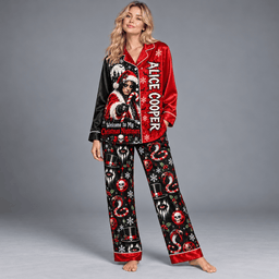Alice Cooper Long Sleeve Pajamas Set with Candy Canes and Christmas Nightmare Graphics NDN Worn Pajamas Mockup