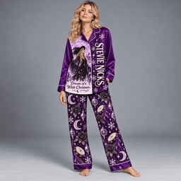 Stevie Nicks Long Sleeve Pajamas Set with Celestial Moons and White Christmas Graphics NDN Worn Pajamas Mockup