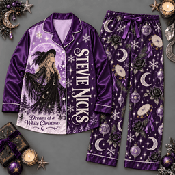 Stevie Nicks Long Sleeve Pajamas Set with Celestial Moons and White Christmas Graphics NDN Flat Pajamas Mockup