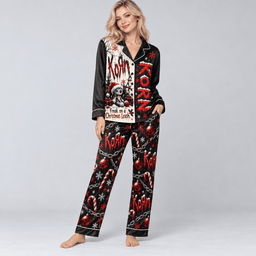 Korn Long Sleeve Pajamas Set with Red Graffiti Lettering and Skull Graphics NDN Worn Pajamas Mockup