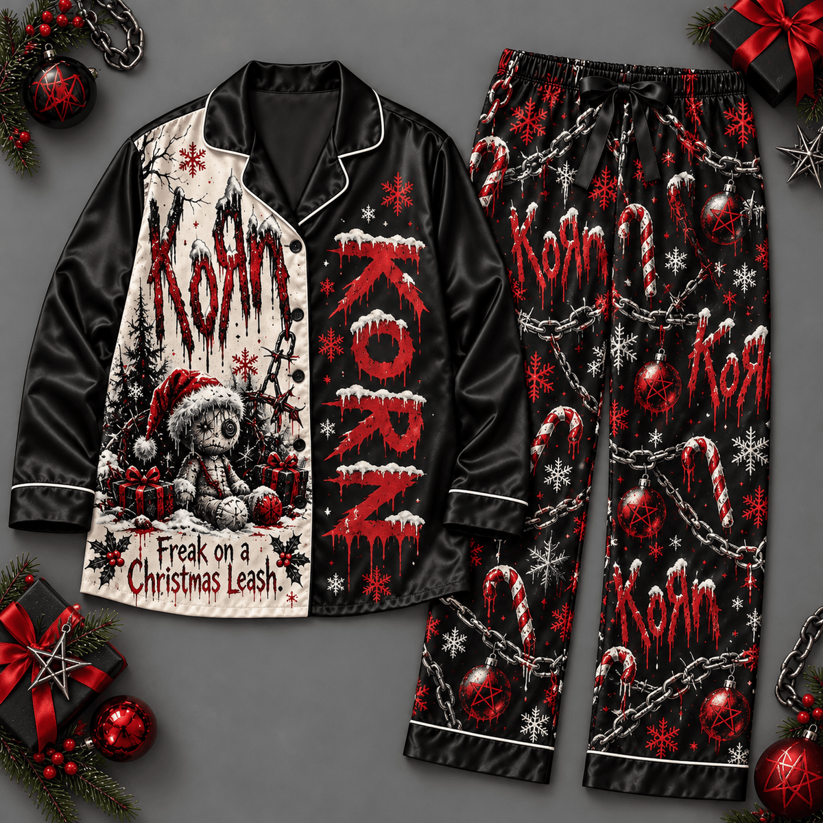 Korn Long Sleeve Pajamas Set with Red Graffiti Lettering and Skull Graphics NDN Flat Pajamas Mockup