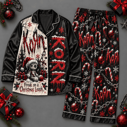 Korn Long Sleeve Pajamas Set with Red Graffiti Lettering and Skull Graphics NDN Flat Pajamas Mockup