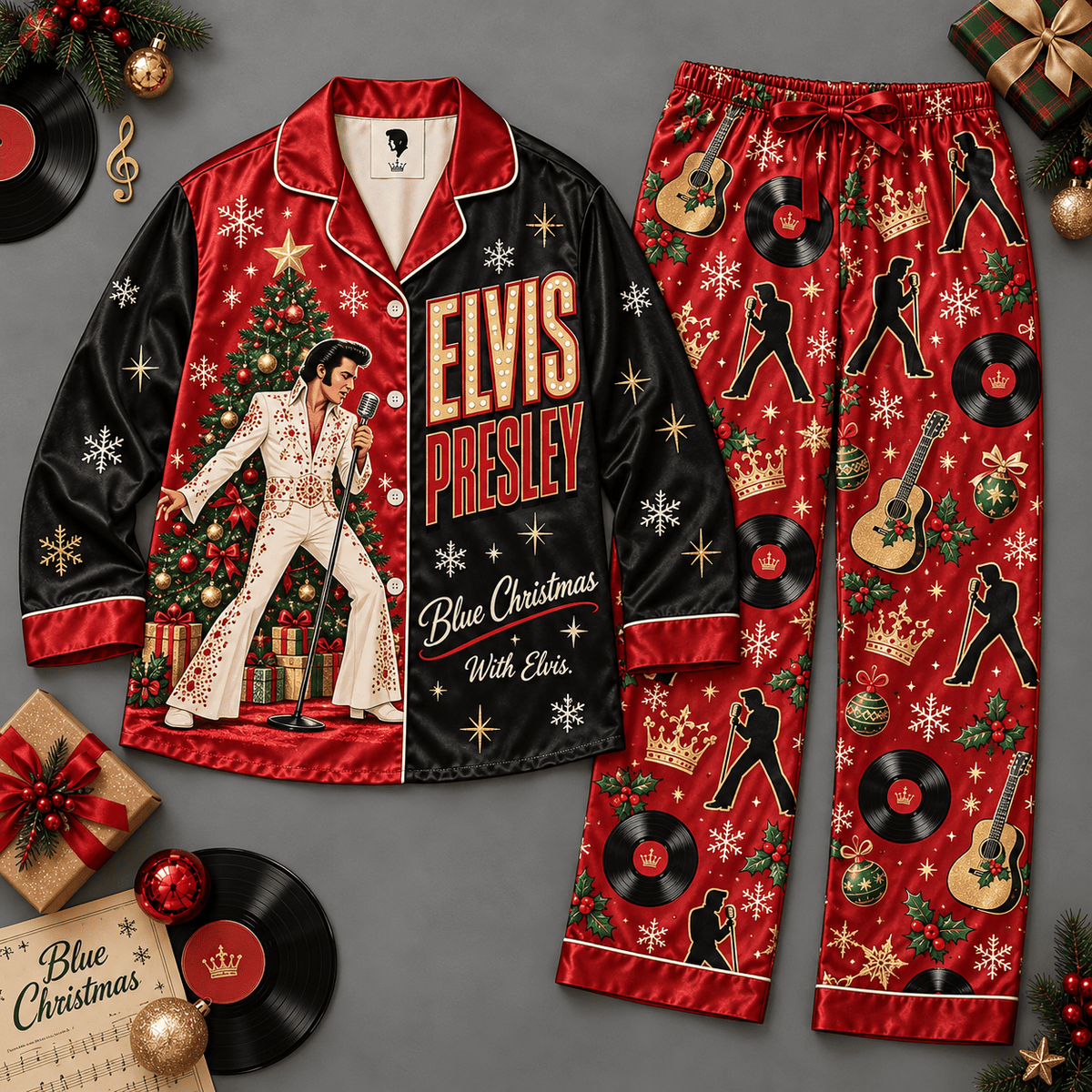 Elvis Presley Long Sleeve Pajamas Set with Blue Christmas Portrait and Musical Notes NDN Flat Pajamas Mockup