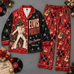 Elvis Presley Long Sleeve Pajamas Set with Blue Christmas Portrait and Musical Notes NDN Flat Pajamas Mockup
