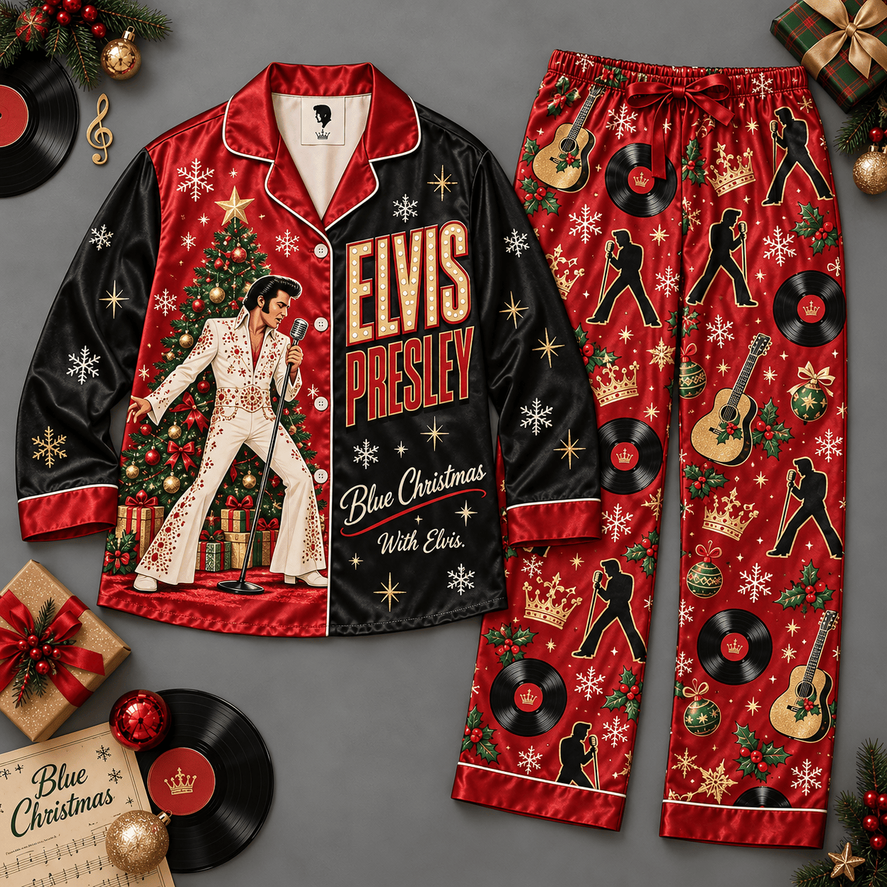 Elvis Presley Long Sleeve Pajamas Set with Blue Christmas Portrait and Musical Notes NDN Flat Pajamas Mockup