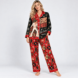 Elvis Presley Long Sleeve Pajamas Set with Blue Christmas Portrait and Musical Notes NDN Worn Pajamas Mockup