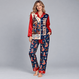 Toby Keith Long Sleeve Pajamas Set with Christmas Cowboy Portrait and Patriotic Stars NDN Worn Pajamas Mockup
