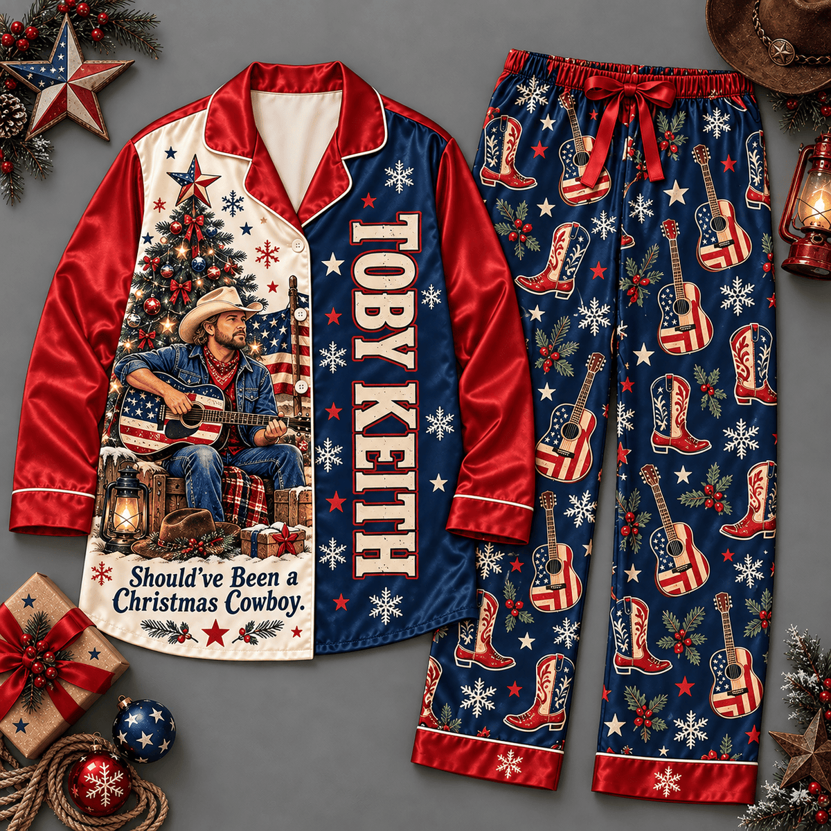 Toby Keith Long Sleeve Pajamas Set with Christmas Cowboy Portrait and Patriotic Stars NDN Flat Pajamas Mockup