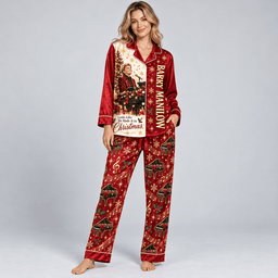 Barry Manilow Long Sleeve Pajamas Set with Festive Piano Keys and Musical Notes NDN Worn Pajamas Mockup