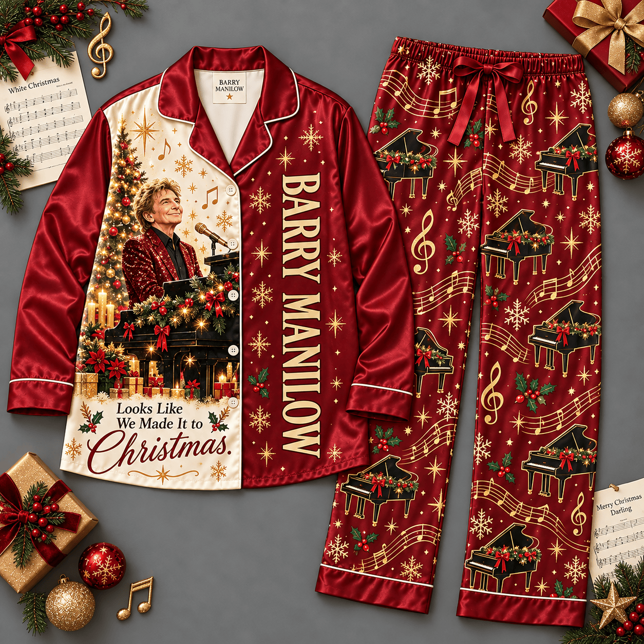 Barry Manilow Long Sleeve Pajamas Set with Festive Piano Keys and Musical Notes NDN Flat Pajamas Mockup