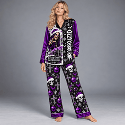 Ozzy Osbourne Long Sleeve Pajamas Set with Crazy Train Artwork and Flying Bats NDN Worn Pajamas Mockup