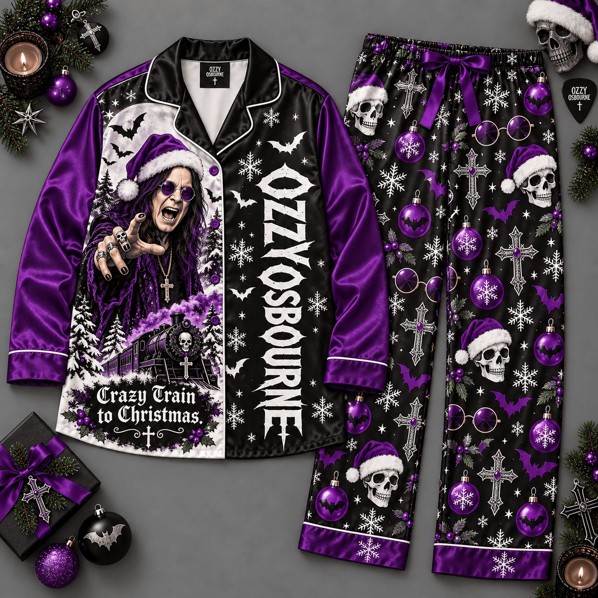 Ozzy Osbourne Long Sleeve Pajamas Set with Crazy Train Artwork and Flying Bats NDN Flat Pajamas Mockup
