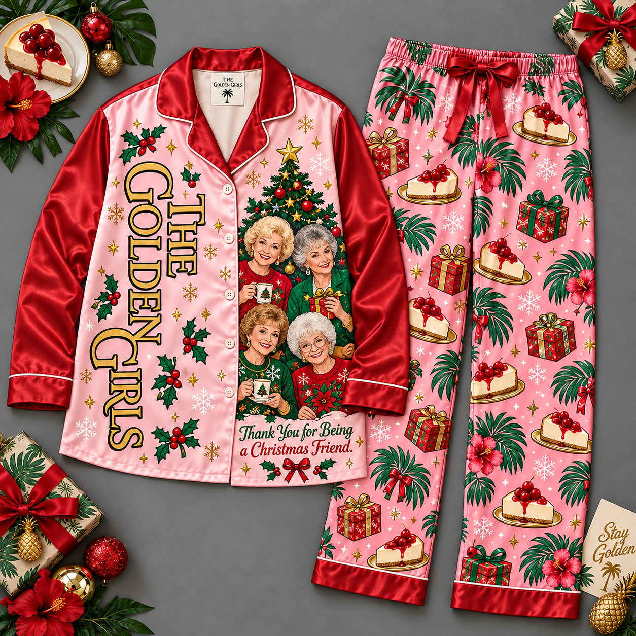 The Golden Girls Long Sleeve Pajamas Set with Pink Tropical Holiday Artwork NDN Flat Pajamas Mockup