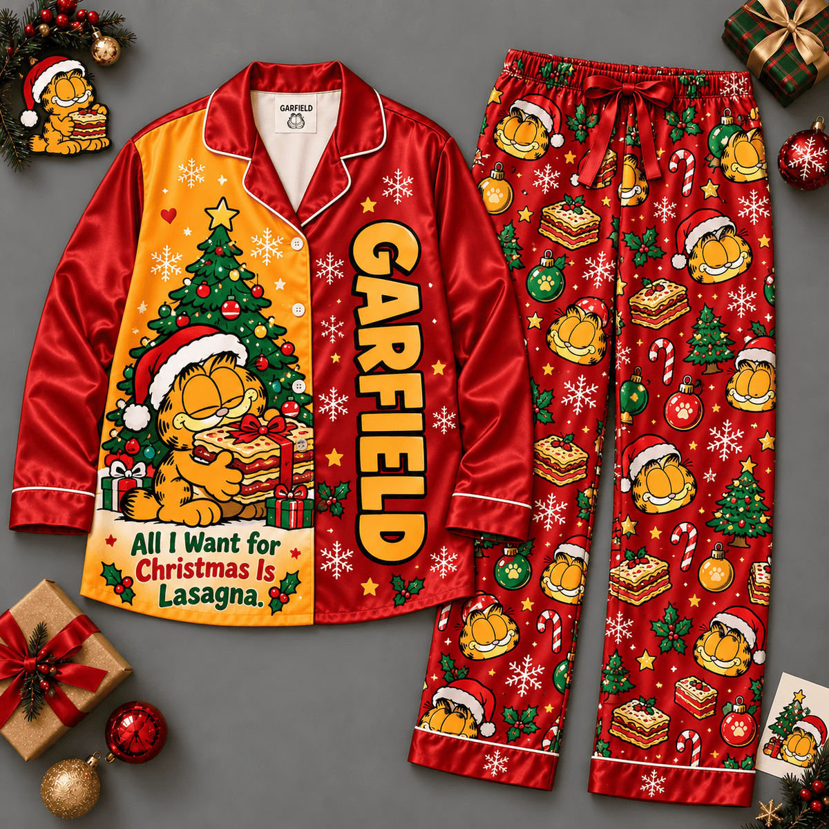 Garfield Long Sleeve Pajamas Set with Lasagna Christmas Slogan and Festive Lights NDN Flat Pajamas Mockup