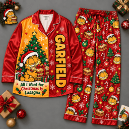 Garfield Long Sleeve Pajamas Set with Lasagna Christmas Slogan and Festive Lights NDN Flat Pajamas Mockup