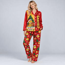 Garfield Long Sleeve Pajamas Set with Lasagna Christmas Slogan and Festive Lights NDN Worn Pajamas Mockup