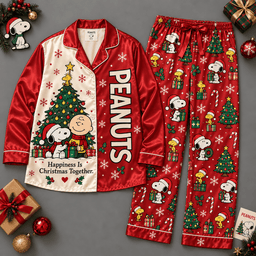 Peanuts Snoopy Christmas Tree Red Festive Pattern Long Sleeve Pajamas Set NDN Flat Pajamas Mockup