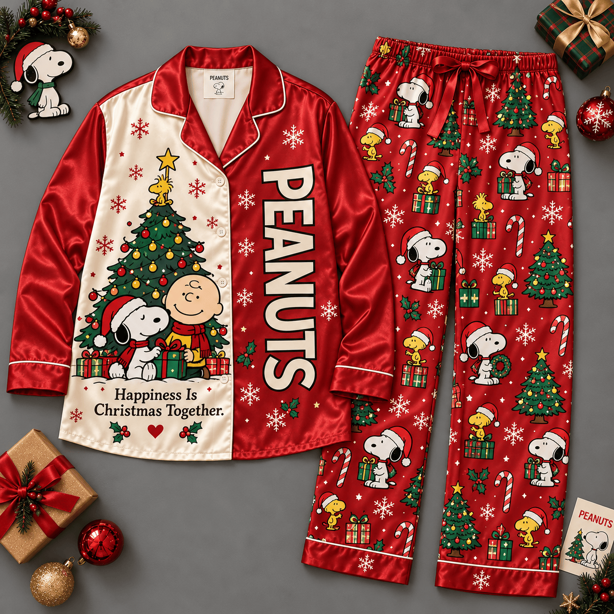 Peanuts Snoopy Christmas Tree Red Festive Pattern Long Sleeve Pajamas Set NDN Flat Pajamas Mockup