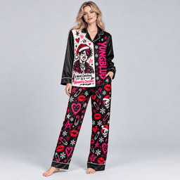 Yungblud Portrait Pink Heart Festive Snowflake Pattern Long Sleeve Pajamas Set NDN Worn Pajamas Mockup