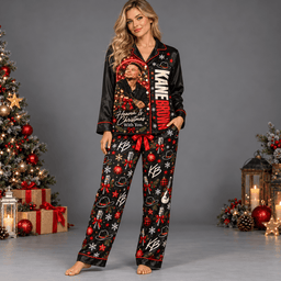 Kane Brown Portrait Red Holiday Monogram Pattern Long Sleeve Pajamas Set NDN Worn Pajamas Mockup
