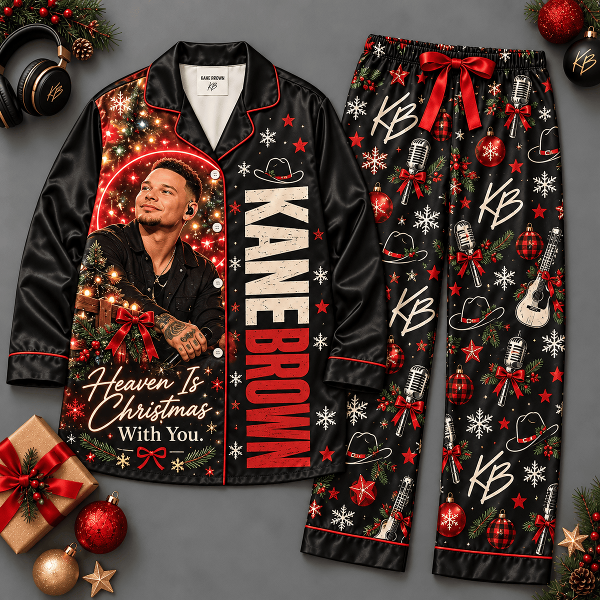 Kane Brown Portrait Red Holiday Monogram Pattern Long Sleeve Pajamas Set NDN Flat Pajamas Mockup