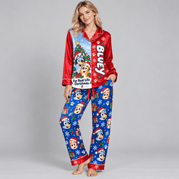 Bluey and Bingo Christmas Tree Character Pattern Long Sleeve Pajamas Set NDN Worn Pajamas Mockup